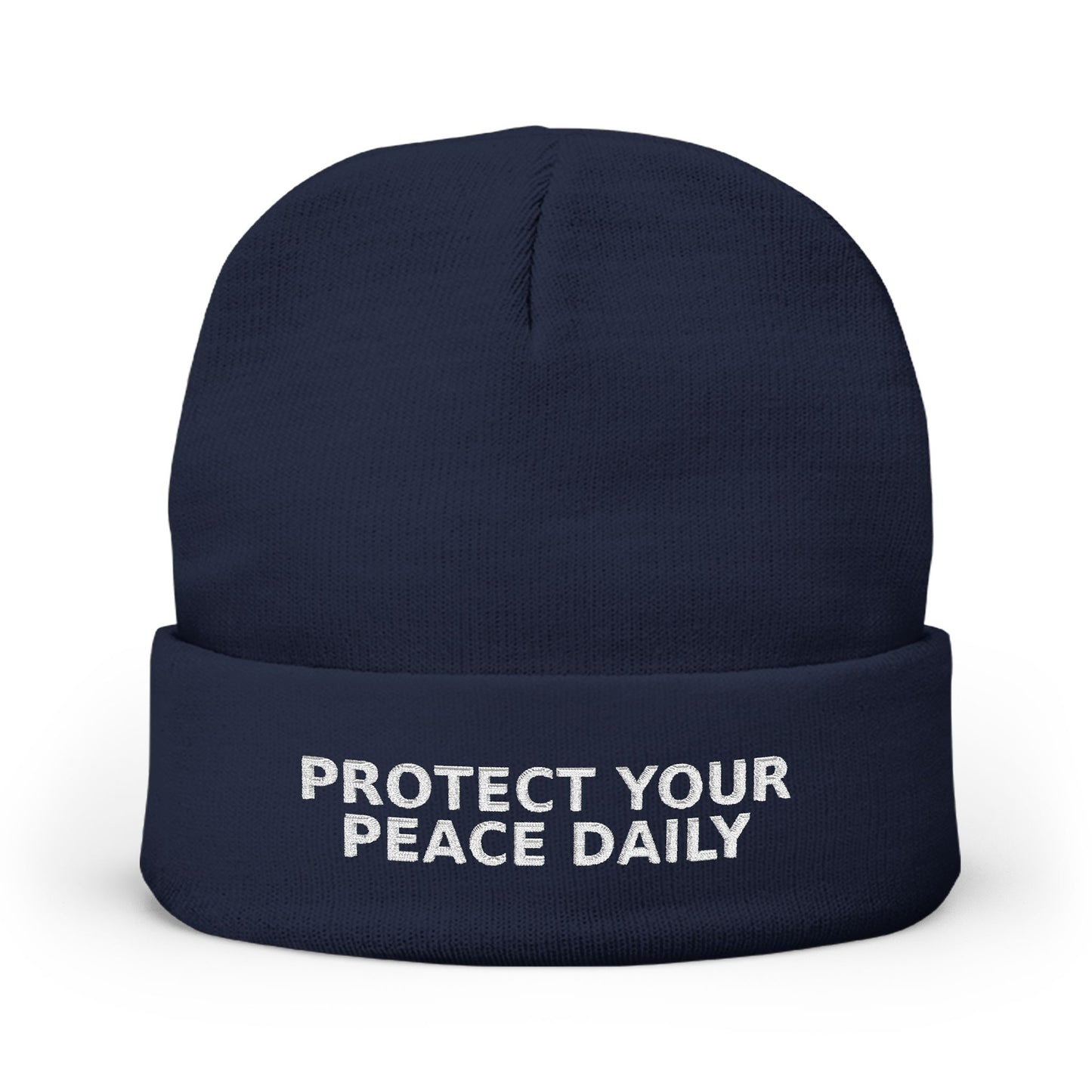 Protect Your Peace Daily Embroidered Knit Beanie — Cozy Winter Hat with Positive Text