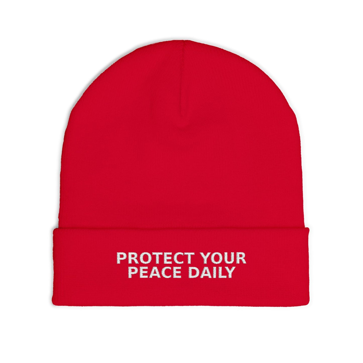 Protect Your Peace Daily Embroidered Knit Beanie — Cozy Winter Hat with Positive Text