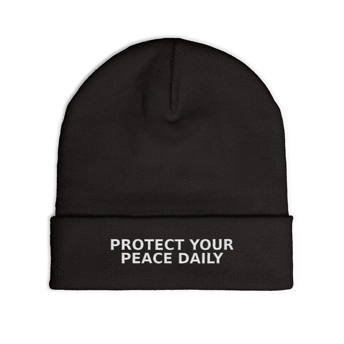 Protect Your Peace Daily Embroidered Knit Beanie — Cozy Winter Hat with Positive Text