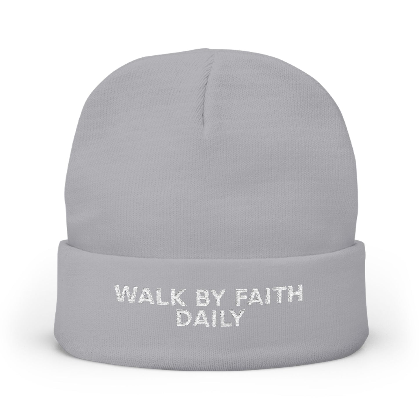 Walk By Faith Daily Embroidered Knit Beanie — Cozy Winter Hat with Positive Text