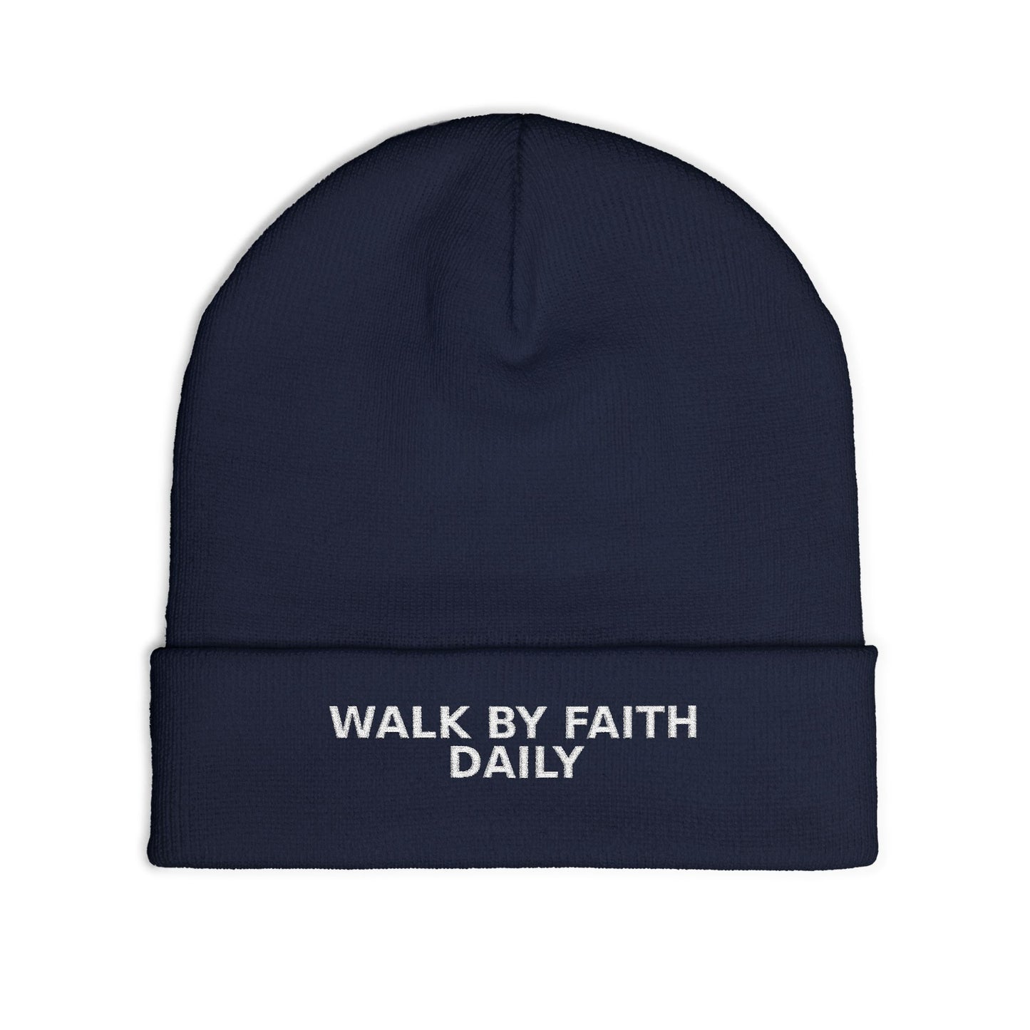 Walk By Faith Daily Embroidered Knit Beanie — Cozy Winter Hat with Positive Text