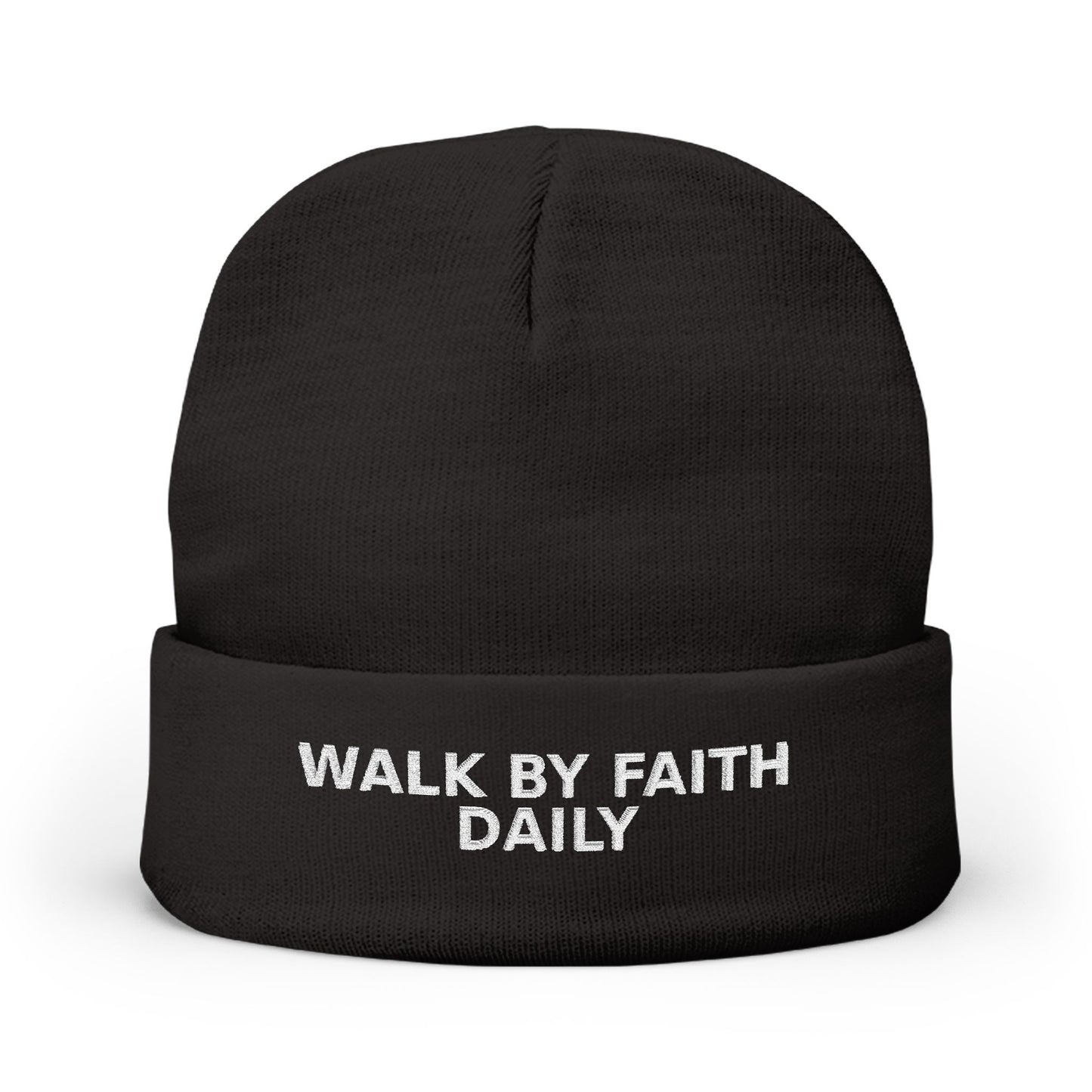 Walk By Faith Daily Embroidered Knit Beanie — Cozy Winter Hat with Positive Text