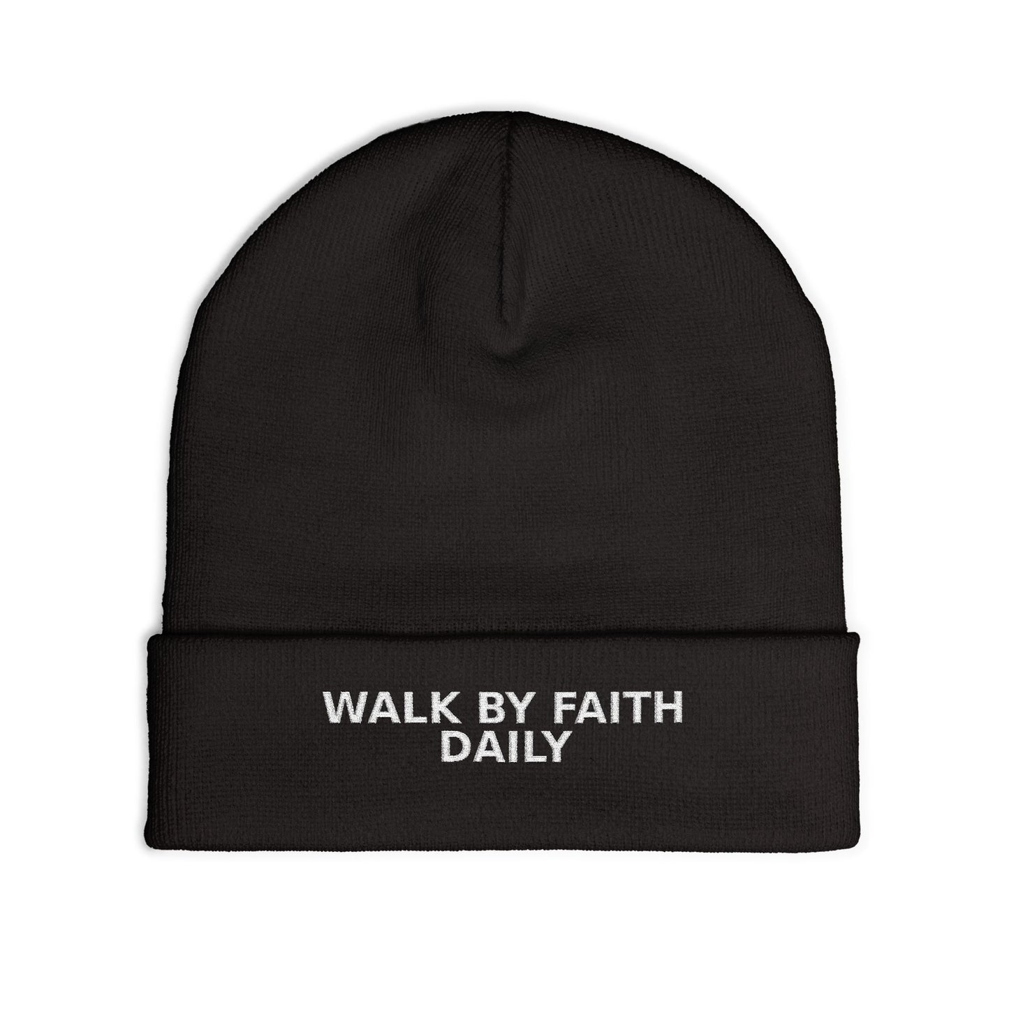 Walk By Faith Daily Embroidered Knit Beanie — Cozy Winter Hat with Positive Text