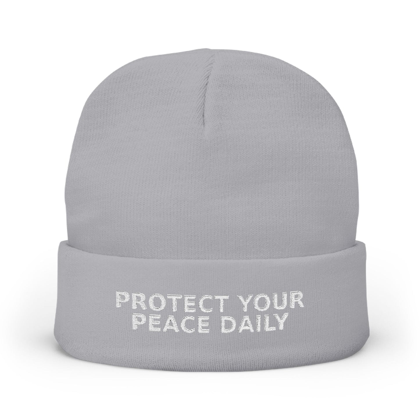 Protect Your Peace Daily Embroidered Knit Beanie — Cozy Winter Hat with Positive Text