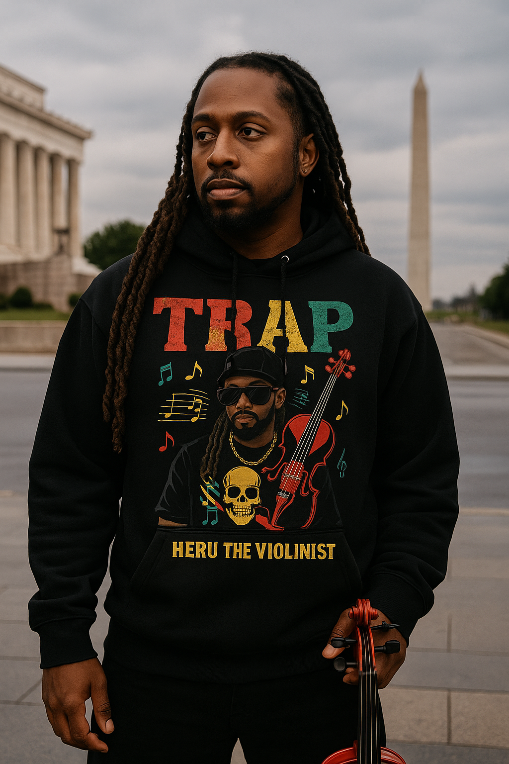 Heru The Violinist                   Trap Graphic Full Zip Hooded Sweatshirt, Streetwear Fashion, Unisex Outerwear, Gift for Him/Her, Casual Layering
