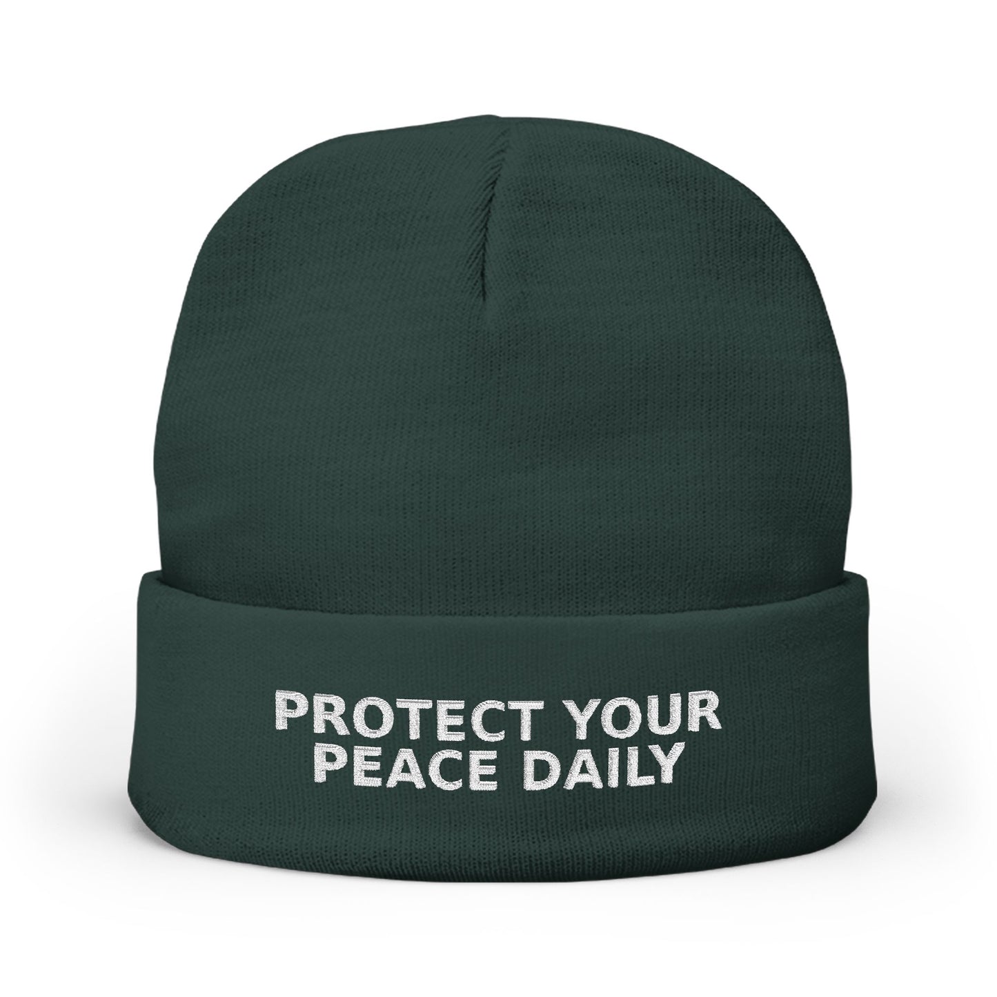 Protect Your Peace Daily Embroidered Knit Beanie — Cozy Winter Hat with Positive Text