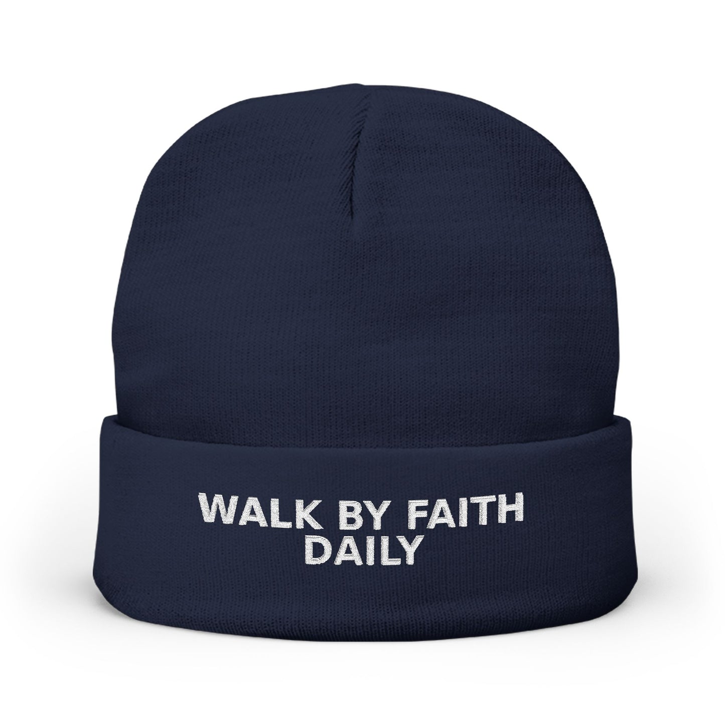 Walk By Faith Daily Embroidered Knit Beanie — Cozy Winter Hat with Positive Text