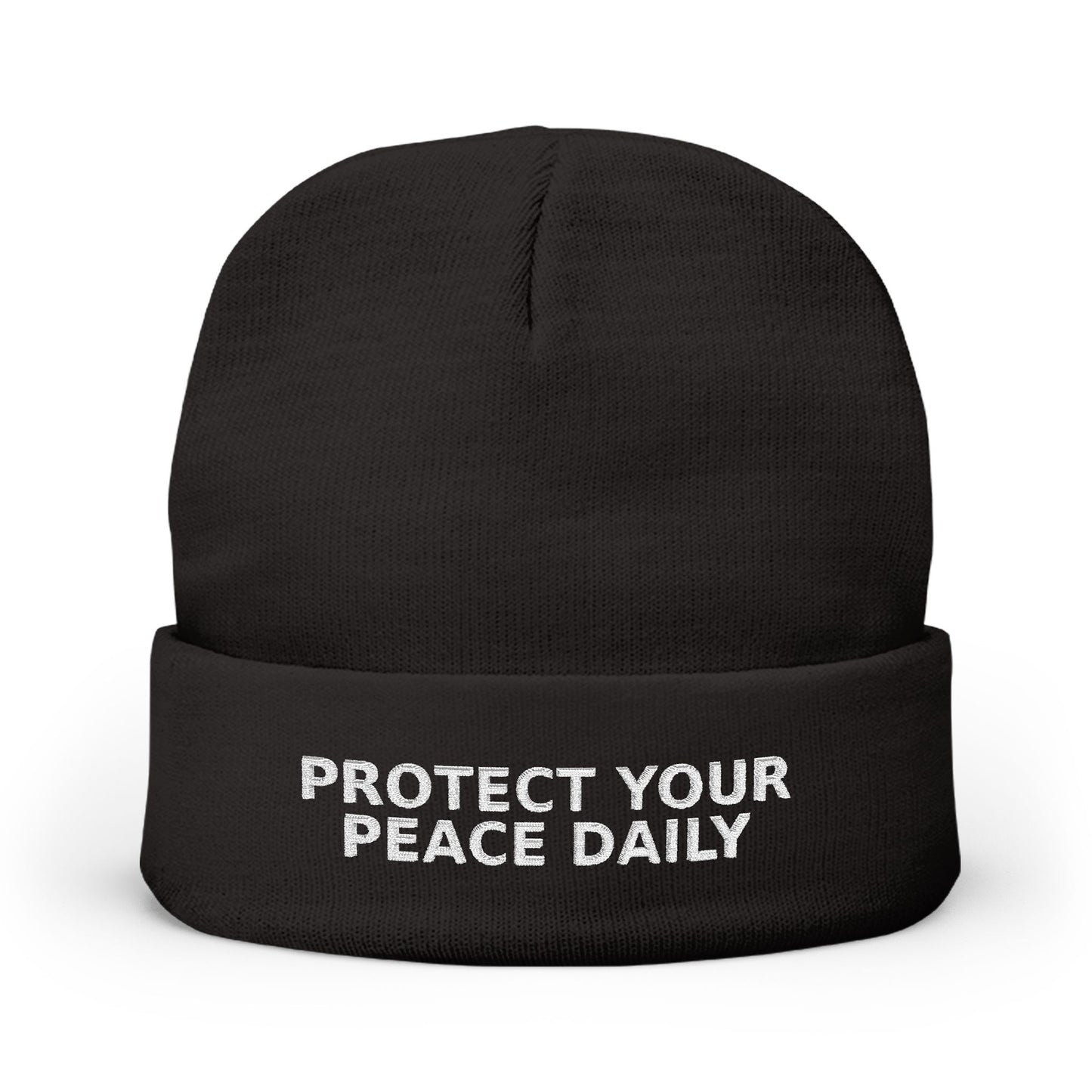 Protect Your Peace Daily Embroidered Knit Beanie — Cozy Winter Hat with Positive Text