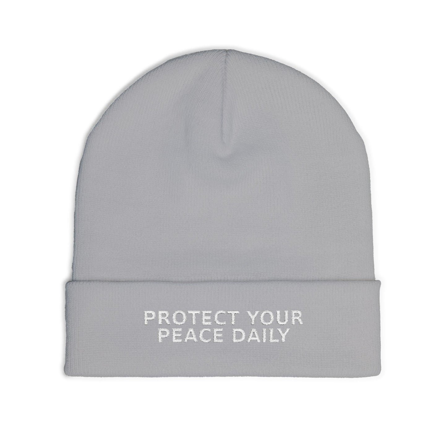 Protect Your Peace Daily Embroidered Knit Beanie — Cozy Winter Hat with Positive Text