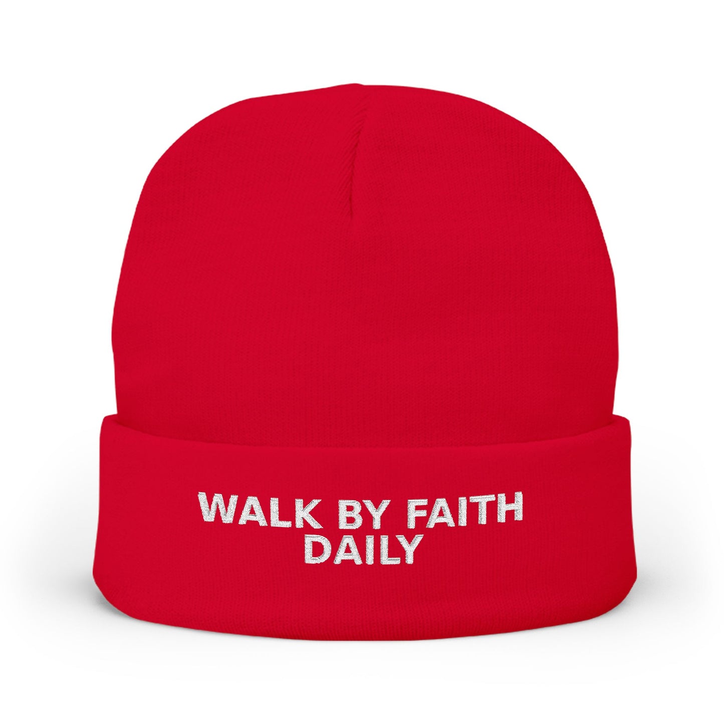 Walk By Faith Daily Embroidered Knit Beanie — Cozy Winter Hat with Positive Text