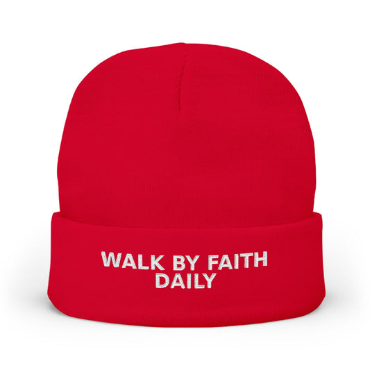 Walk By Faith Daily Embroidered Knit Beanie — Cozy Winter Hat with Positive Text