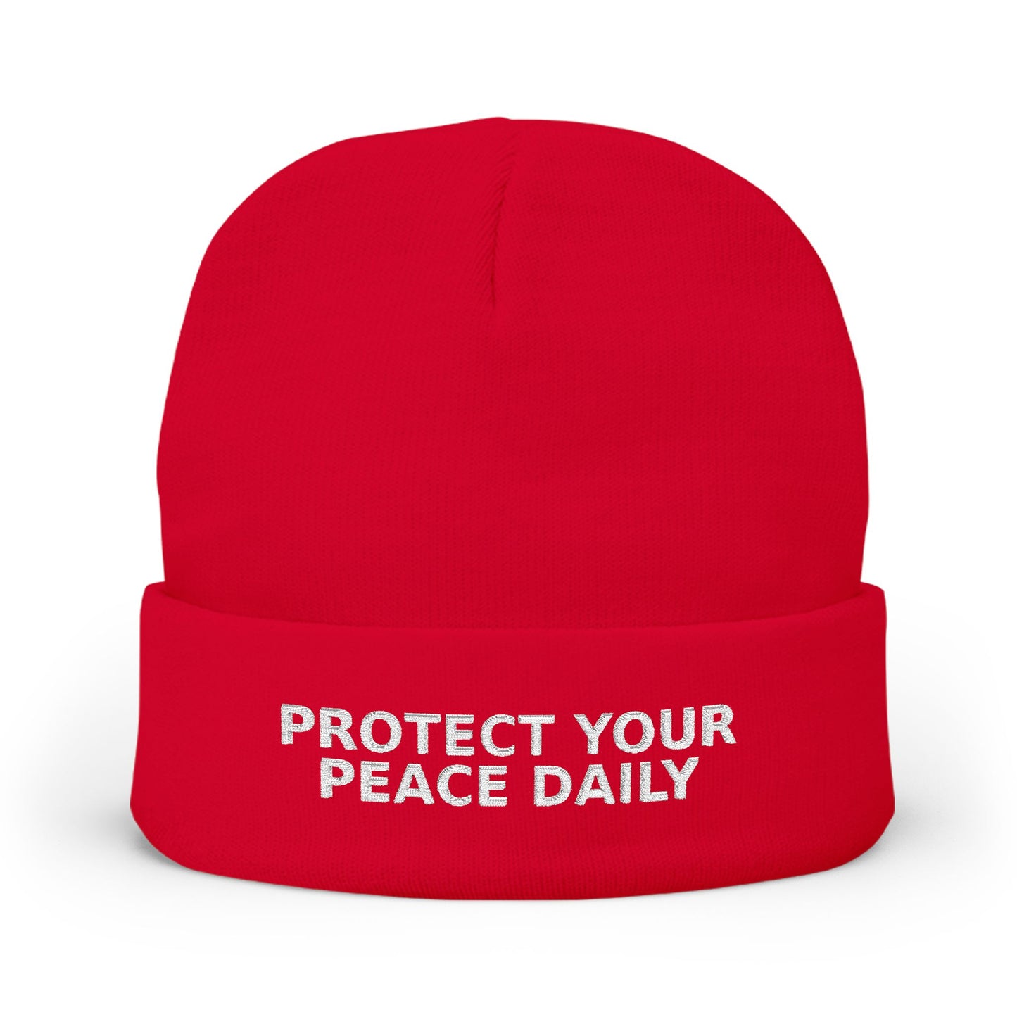 Protect Your Peace Daily Embroidered Knit Beanie — Cozy Winter Hat with Positive Text