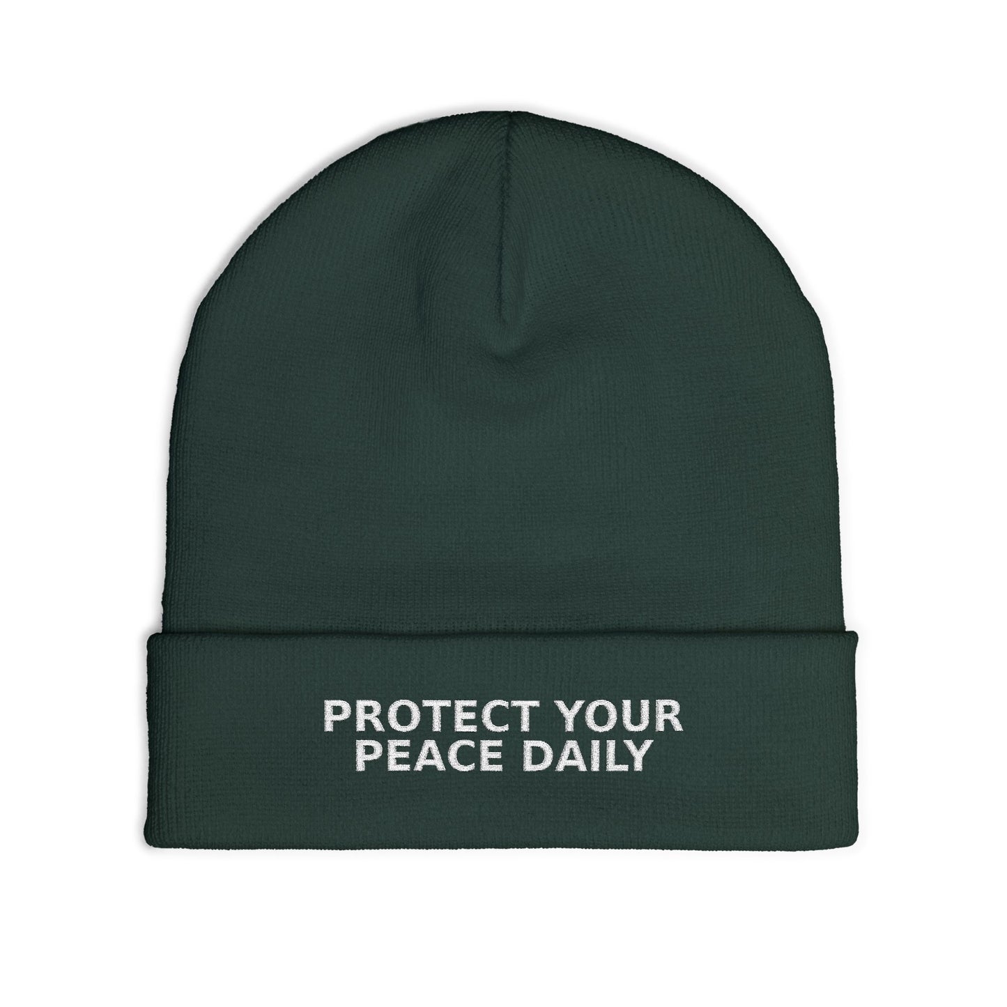 Protect Your Peace Daily Embroidered Knit Beanie — Cozy Winter Hat with Positive Text