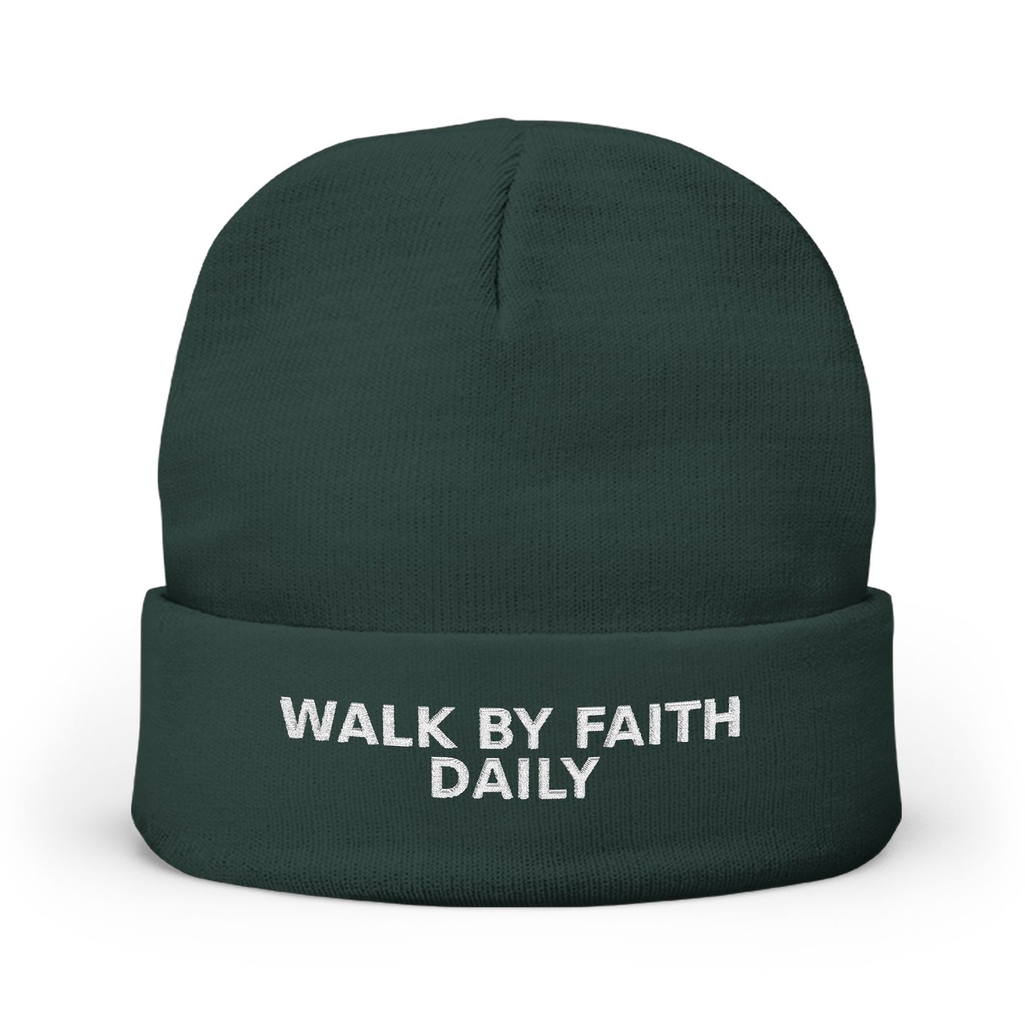 Walk By Faith Daily Embroidered Knit Beanie — Cozy Winter Hat with Positive Text